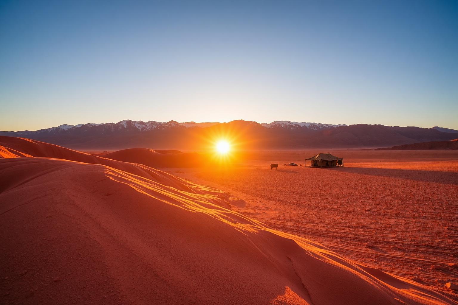 Désert d'Agafay au coucher du soleil avec l'Atlas en arrière-plan