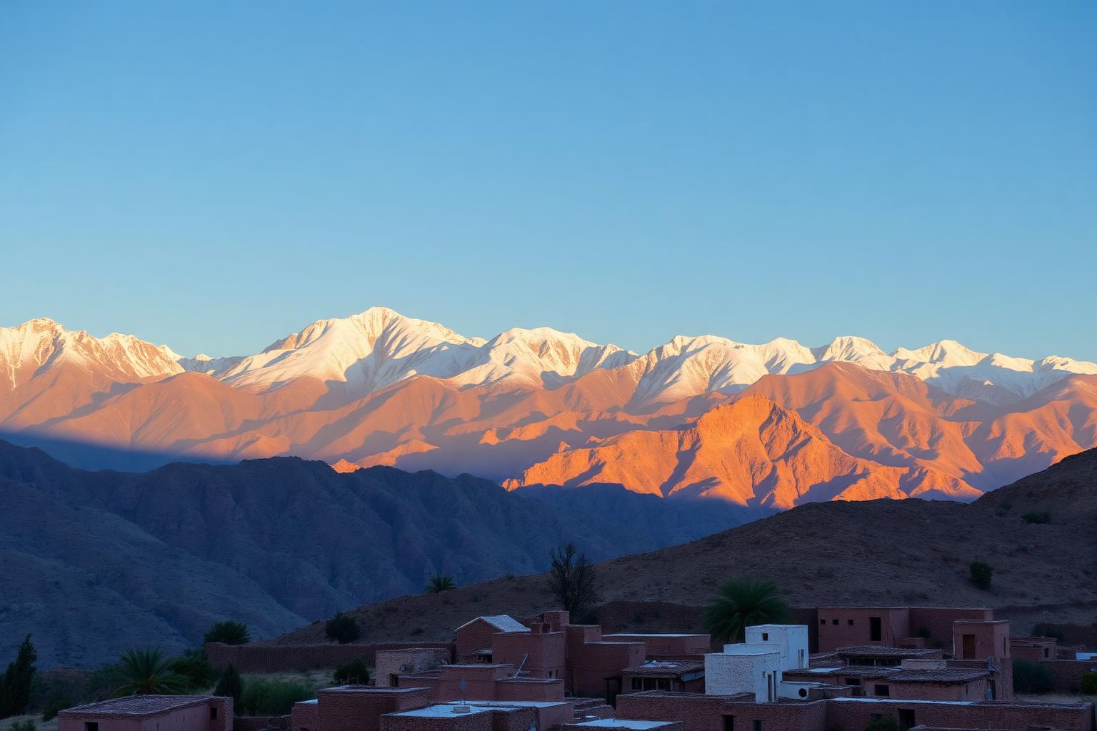 Vue sur les sommets enneigés du Haut-Atlas marocain au lever du soleil