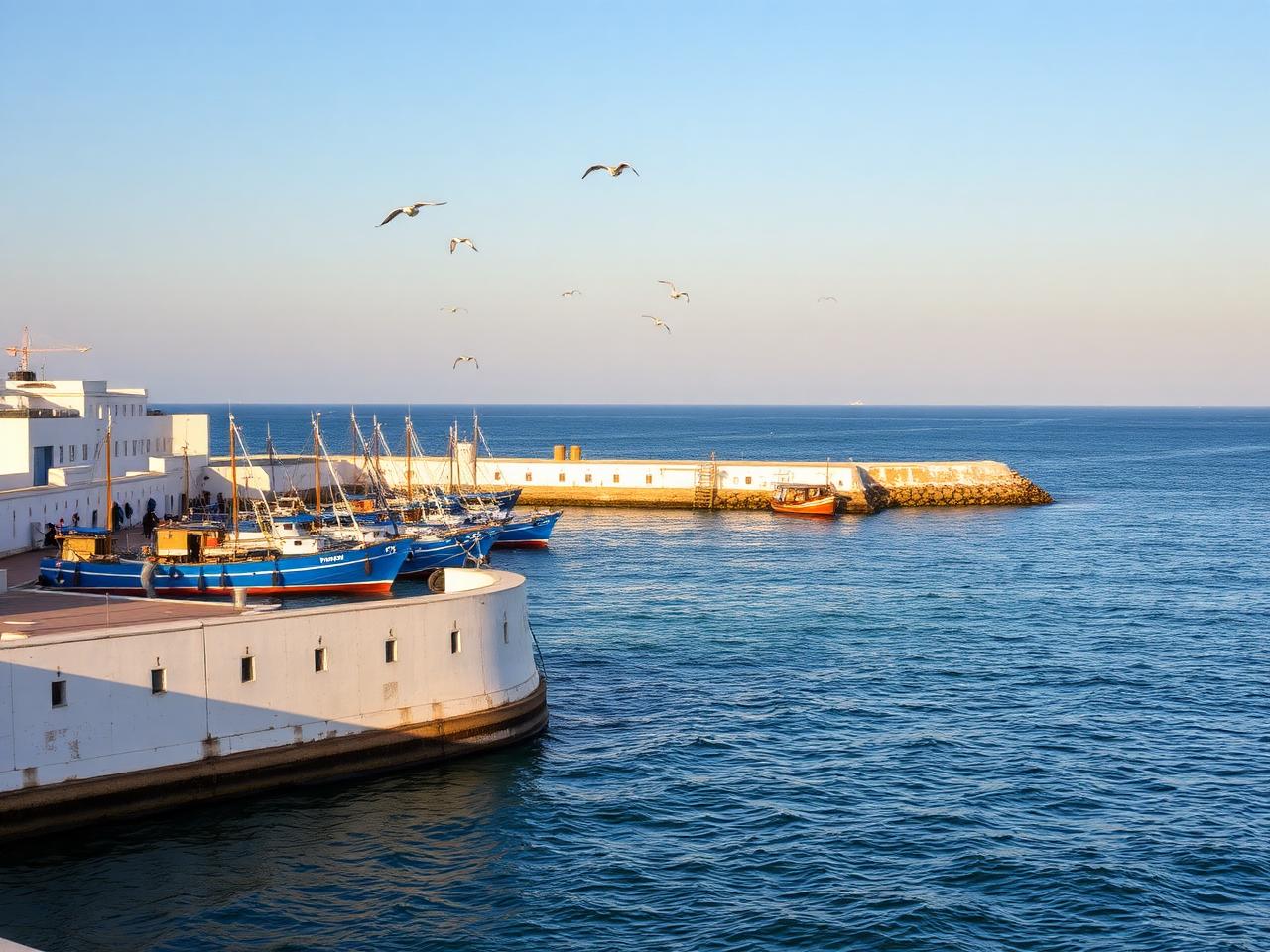 Port de pêche d'Essaouira avec ses bateaux bleus et ses remparts