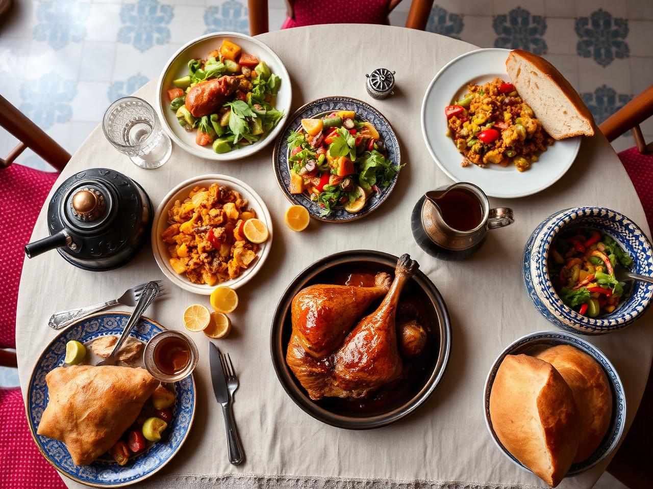 Table marocaine avec tajine, pastilla et salades vue de dessus