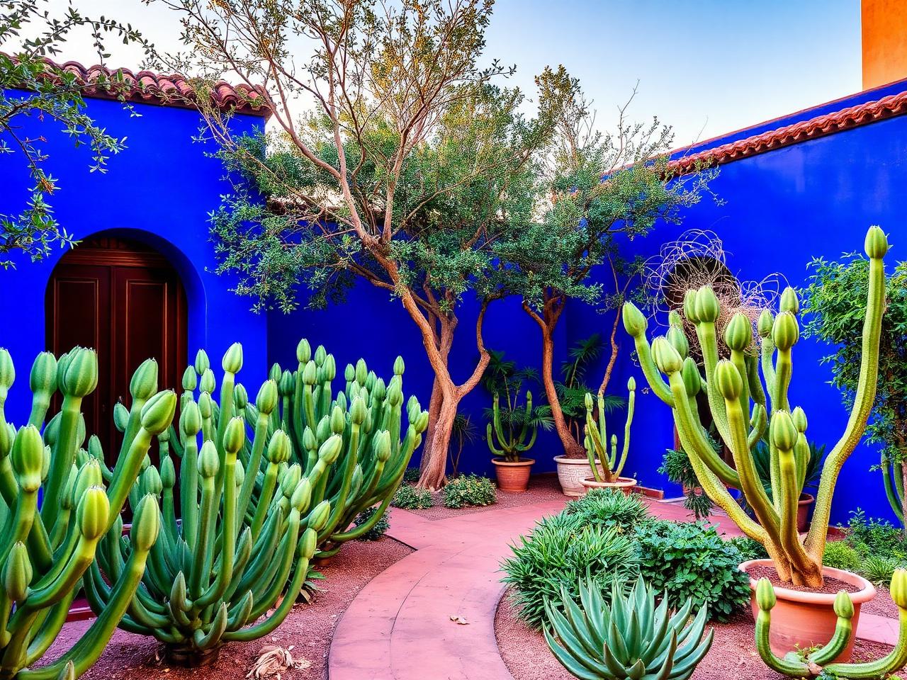 Murs bleu cobalt et bambous du Jardin Majorelle à Marrakech