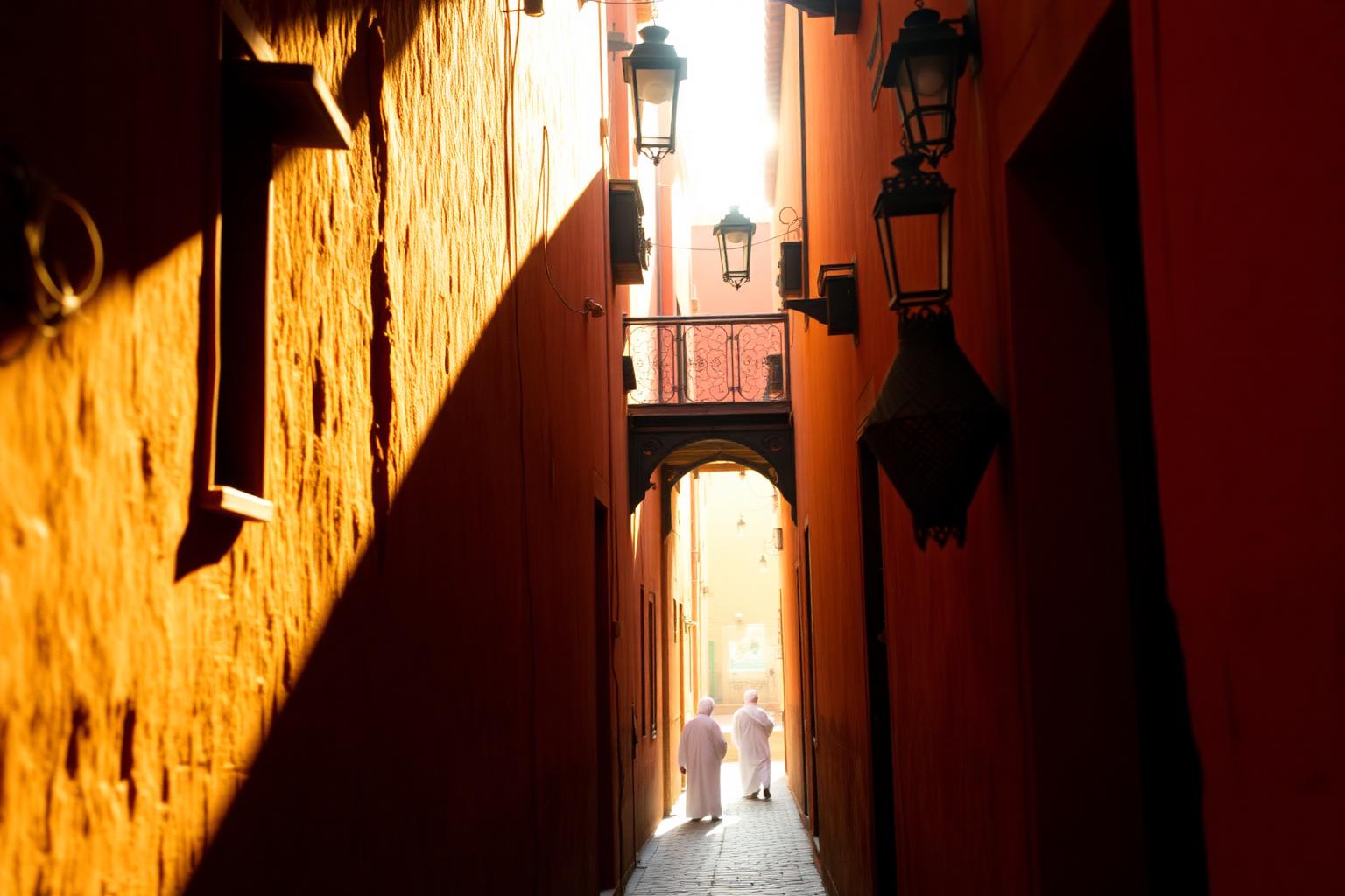 Ruelles ocre de la médina de Marrakech au coucher du soleil